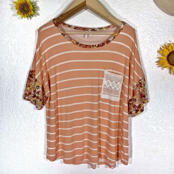 Cato Est. 1946 Coral White Floral Pocket Striped Tee Size XL Women’s - Picture 1 of 11
